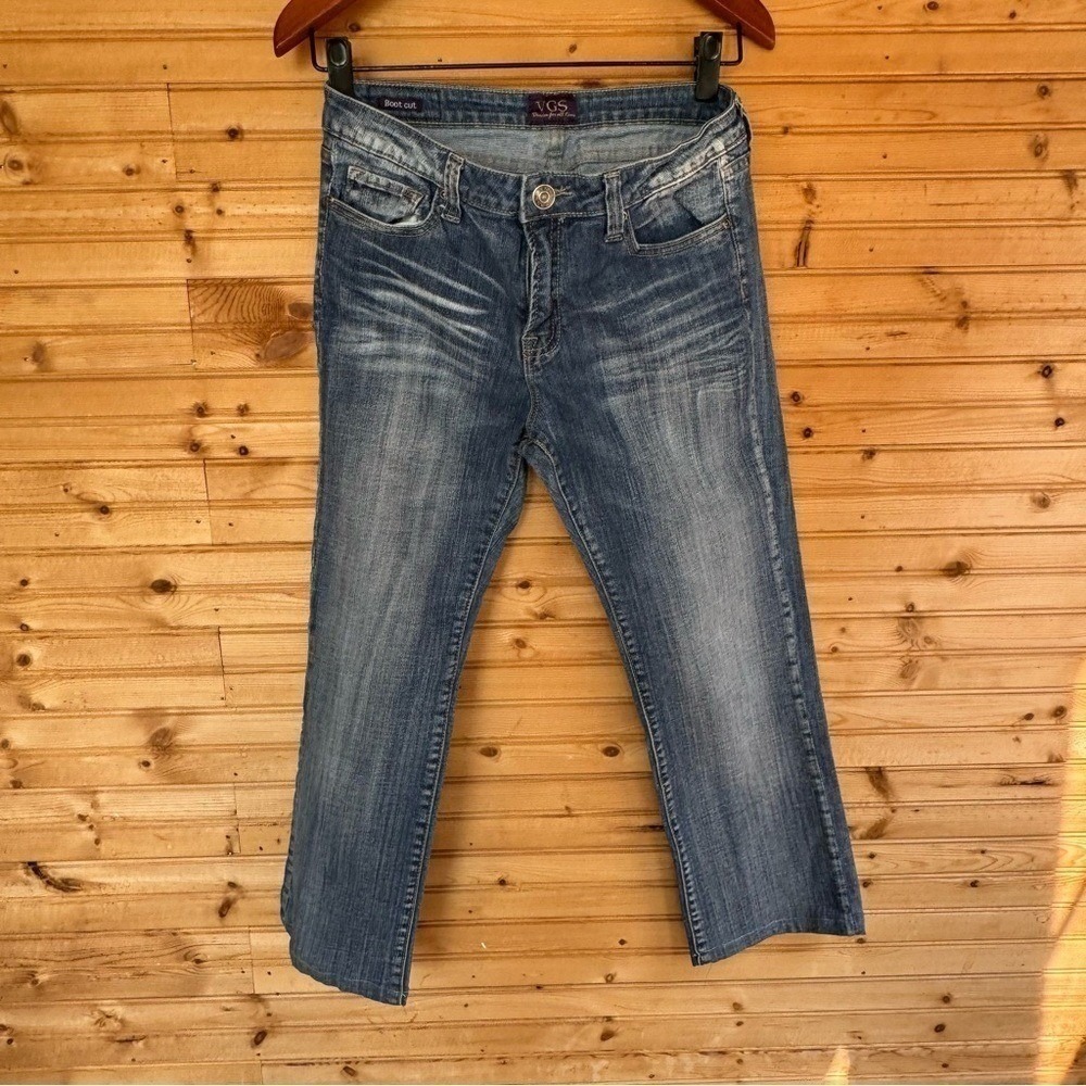 VGS Jeans Boot Cut Low Rise Blue 10 Embroidered Rhinestones Y2K Zip Fly